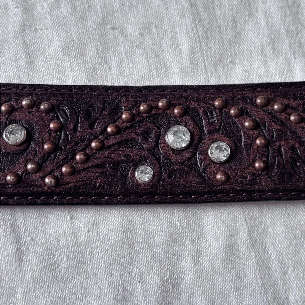 Justin Boots Brown Tooled Leather Belt Bronze Tone Rhinestone Heart Buckle 32 - Picture 11 of 11